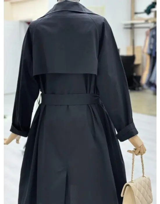 Omarı Detaylı Kemerli Siyah Araboy Trençkot