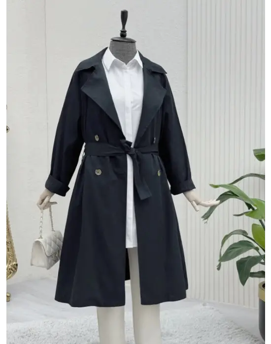 Omarı Detaylı Kemerli Siyah Araboy Trençkot