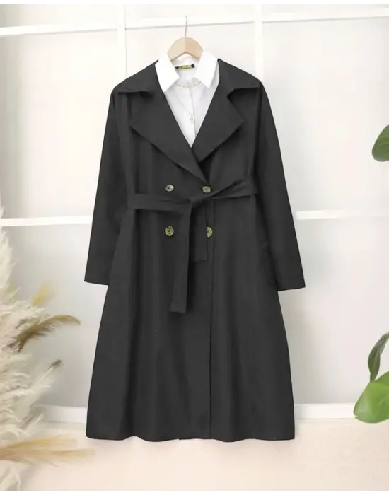 Bolero Detaylı Kemerli Araboy Trençkot -Siyah