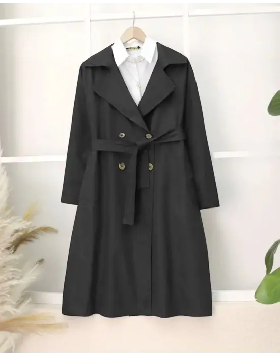 Omarı Detaylı Kemerli Siyah Araboy Trençkot