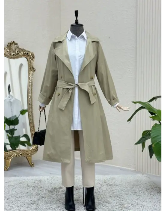 Bolero Detaylı Kemerli Araboy Trençkot -Taş