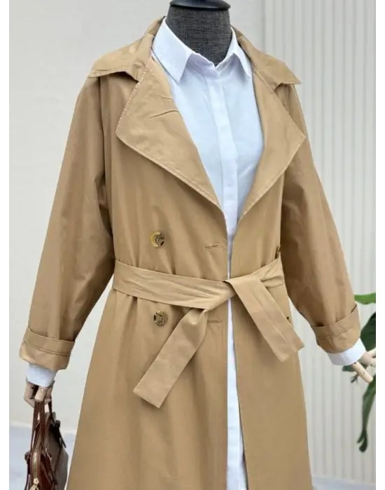 Omarı Detaylı Kemerli Araboy Trençkot - Vizon Rengi