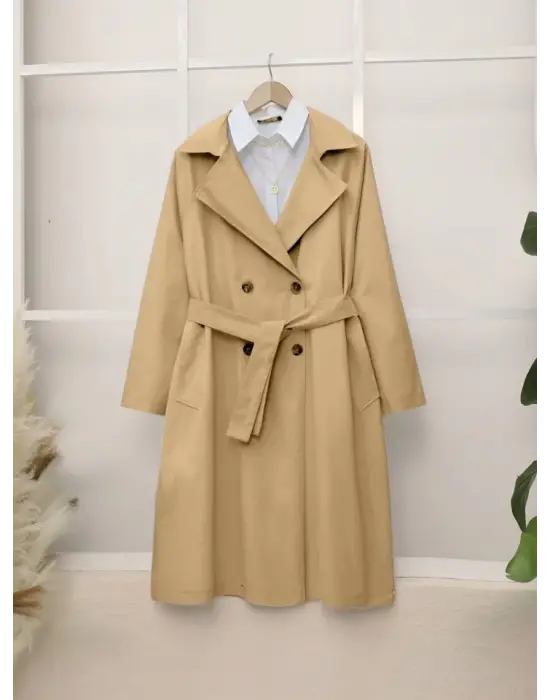 Omarı Detaylı Kemerli Araboy Trençkot - Vizon Rengi