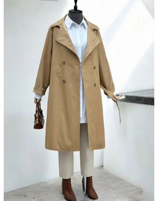 Bolero Detaylı Kemerli Araboy Trençkot -Vizon