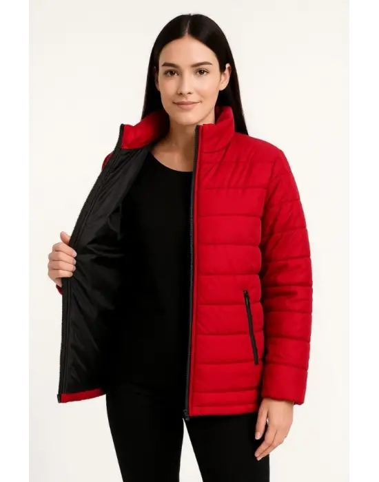 Bomber Mont Ceket – Su İtici Kumaş, Kapitone Astarlı, Fermuarlı, Kışlık - Kırmızı