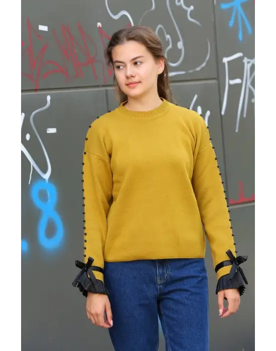 Boncuklu bile detaylı kazak hardal