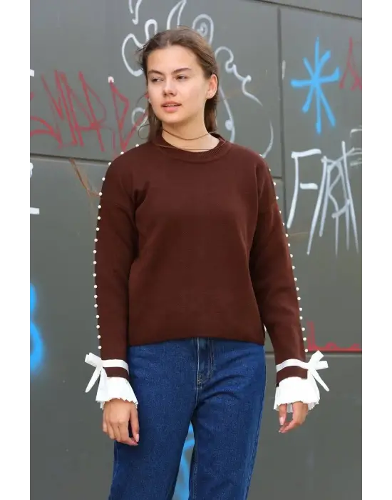 Boncuklu bile detaylı kazak kahve