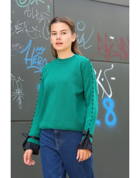 Boncuklu bile detaylı kazak petrol yeşili