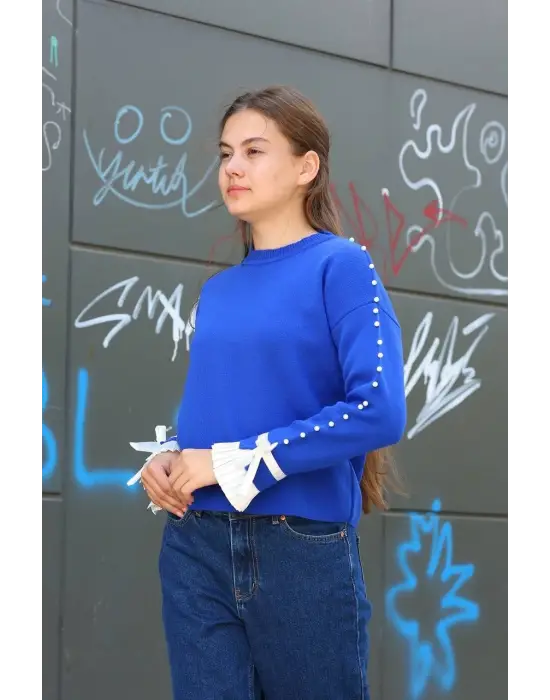 Boncuklu bile detaylı kazak saks mavisi