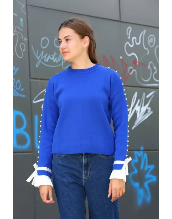 Boncuklu bile detaylı kazak saks mavisi