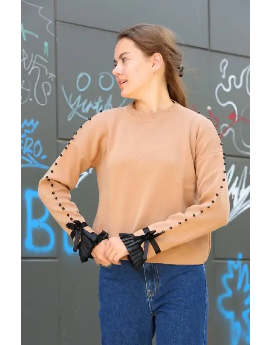 Boncuklu bile detaylı kazak vizon