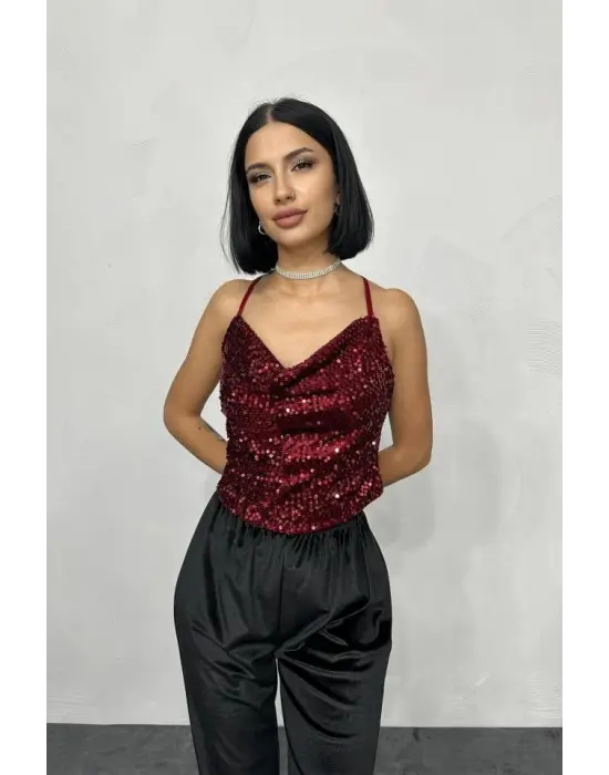 Bordo Askılı Degaje Bluz