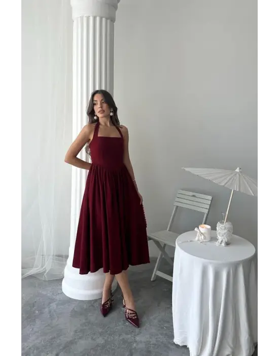 Bordo Boyundan Bağlamalı Keten Elbise