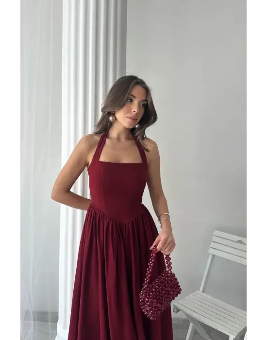 Bordo Boyundan Bağlamalı Keten Elbise