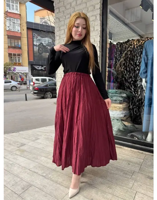 Omarı Deri görünümlü kadife kısa etek - Bordo