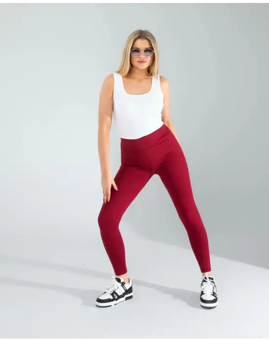 Omarı Bordo Fitilli Toparlayıcı Spor Tayt