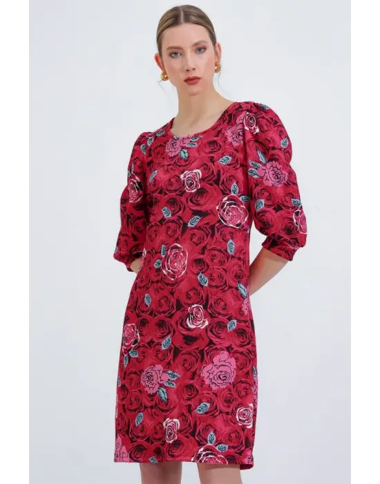 Bordo Gül Desenli Midi Elbise 2477