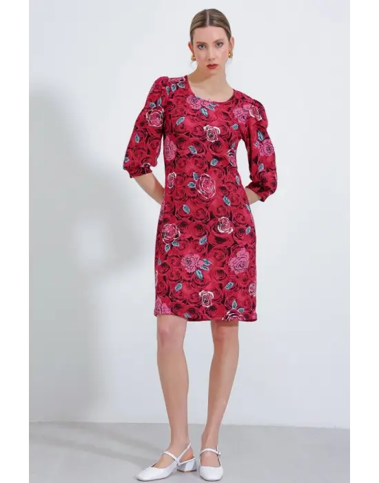 Bordo Gül Desenli Midi Elbise 2477