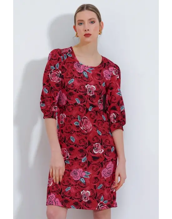 Bordo Gül Desenli Midi Elbise 2477