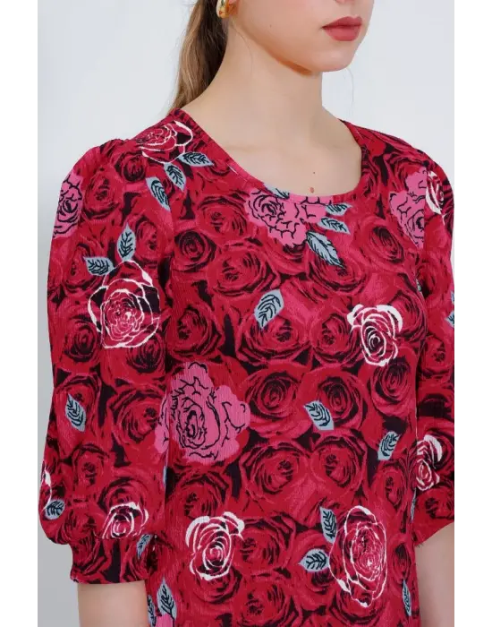 Bordo Gül Desenli Midi Elbise 2477