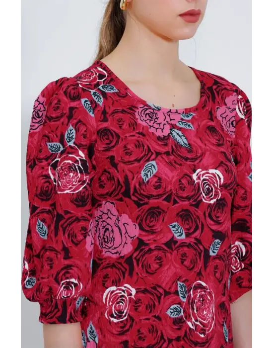 Bordo Gül Desenli Midi Elbise 2477