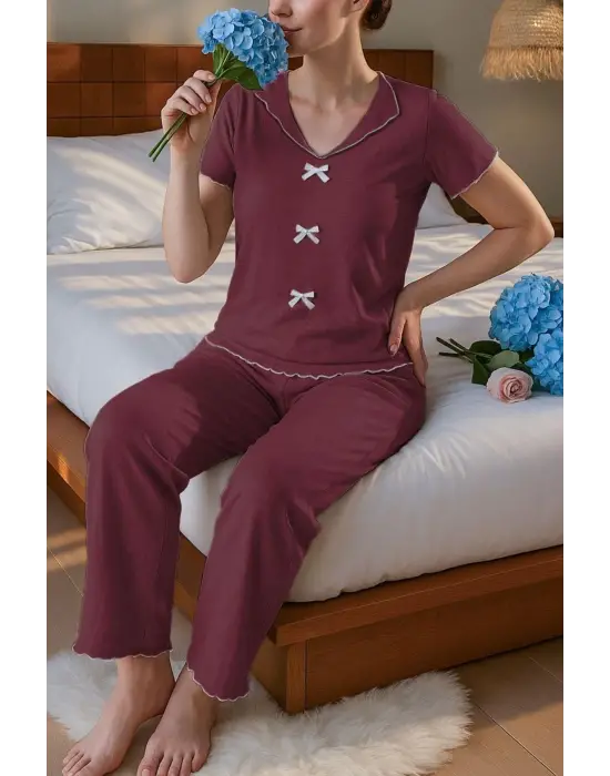 Omarı Fiyonk Detaylı Bordo Pamuklu Pijama Takımı