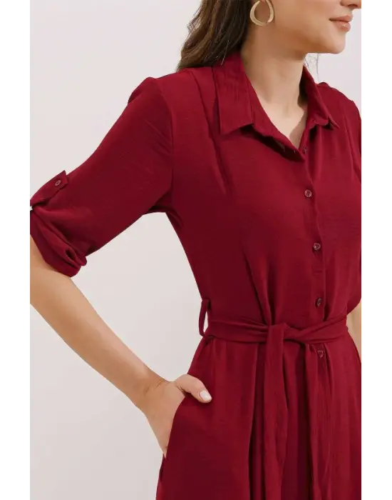 Bordo Kuşaklı Gömlek Elbise 2442