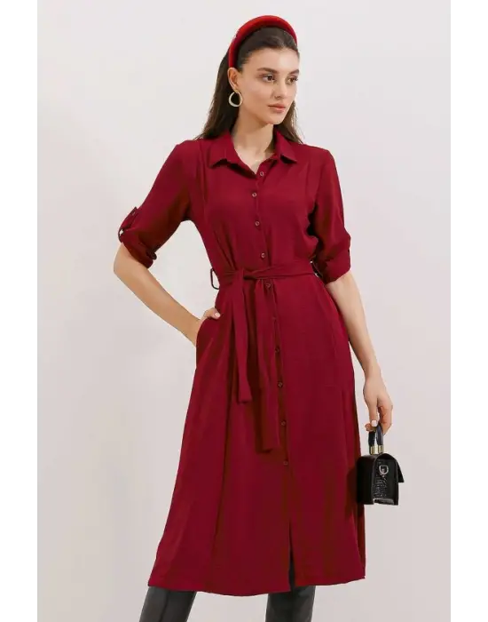 Bordo Kuşaklı Gömlek Elbise 2442