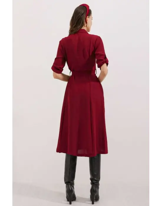 Bordo Kuşaklı Gömlek Elbise 2442