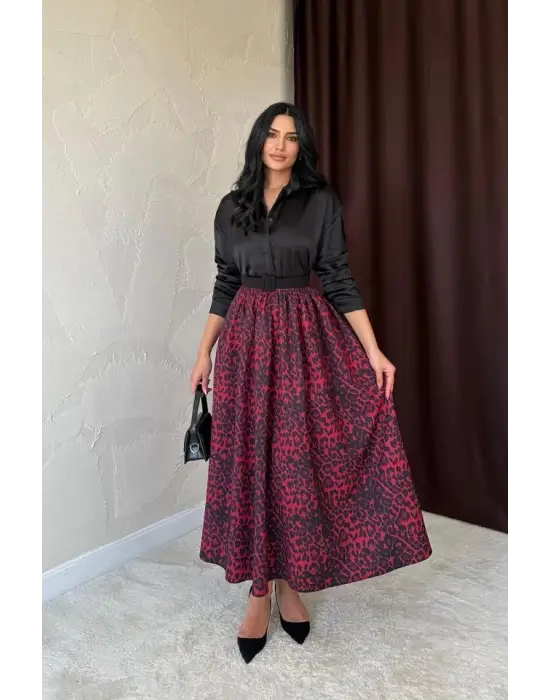 Bordo Leopar Büzgülü Uzun Etek