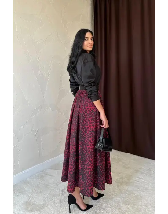 Bordo Leopar Büzgülü Uzun Etek