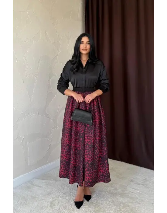 Bordo Leopar Büzgülü Uzun Etek