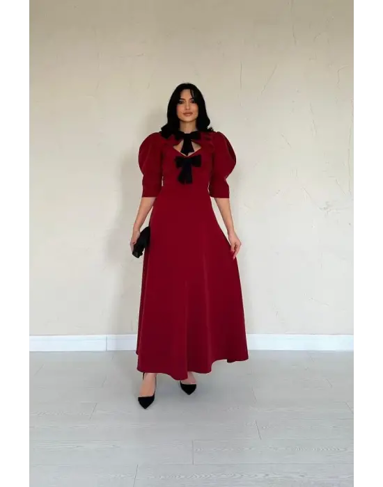 Bordo Ön Dekolteli Fiyonk Garnili Uzun Elbise