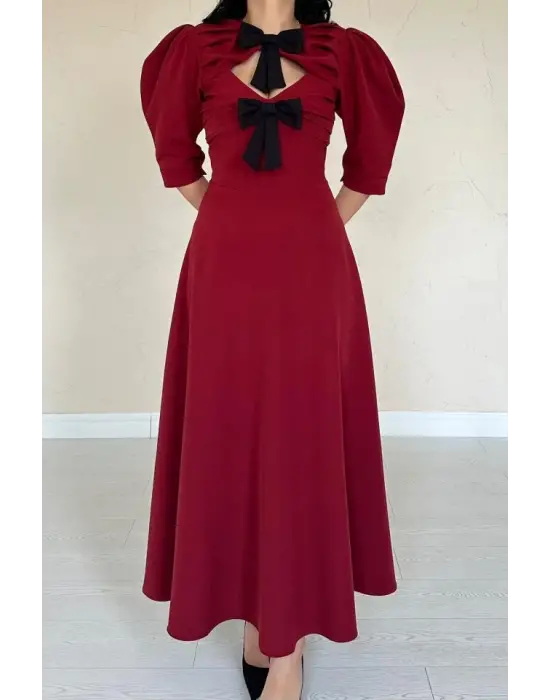 Bordo Ön Dekolteli Fiyonk Garnili Uzun Elbise