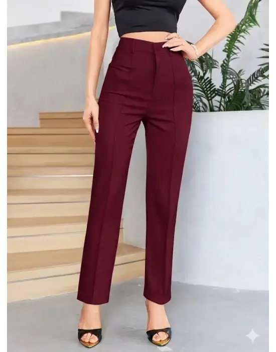 Bordo Renk Yüksek Bel Maskülen Kesim Kumaş Pantolon
