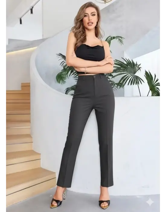 Bordo Renk Yüksek Bel Maskülen Kesim Kumaş Pantolon