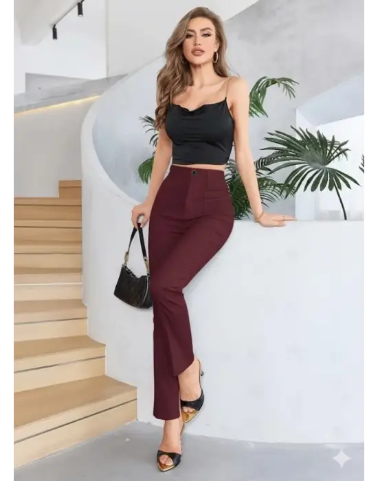 Bordo Renk Yüksek Bel Maskülen Kesim Kumaş Pantolon