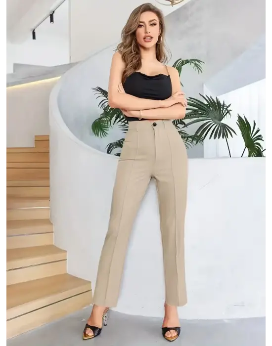 Bordo Renk Yüksek Bel Maskülen Kesim Kumaş Pantolon