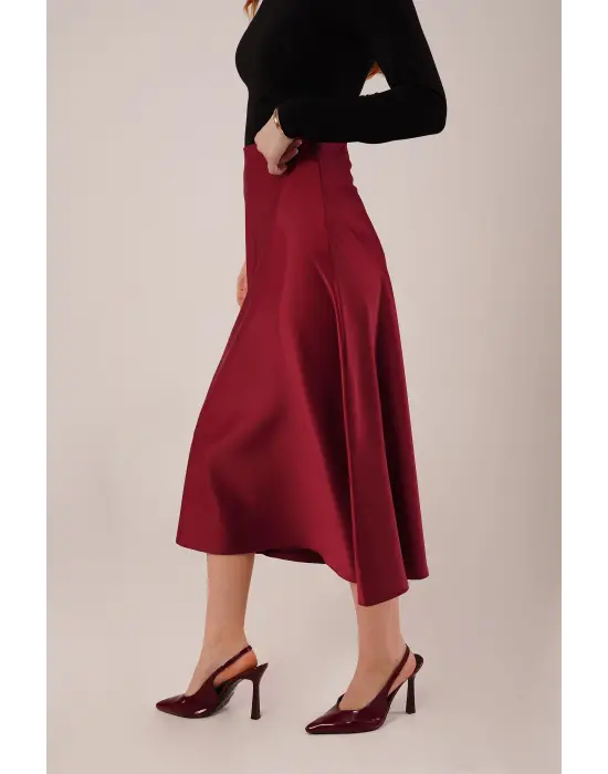 Omarı Midi Bordo Saten Etek - Şık Çan Kesim