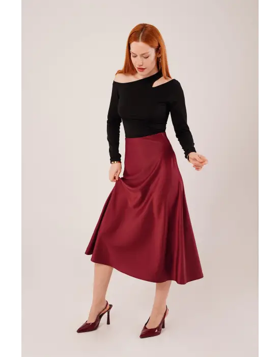 Omarı Midi Bordo Saten Etek - Şık Çan Kesim