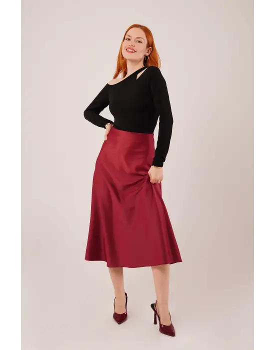 Omarı Midi Bordo Saten Etek - Şık Çan Kesim