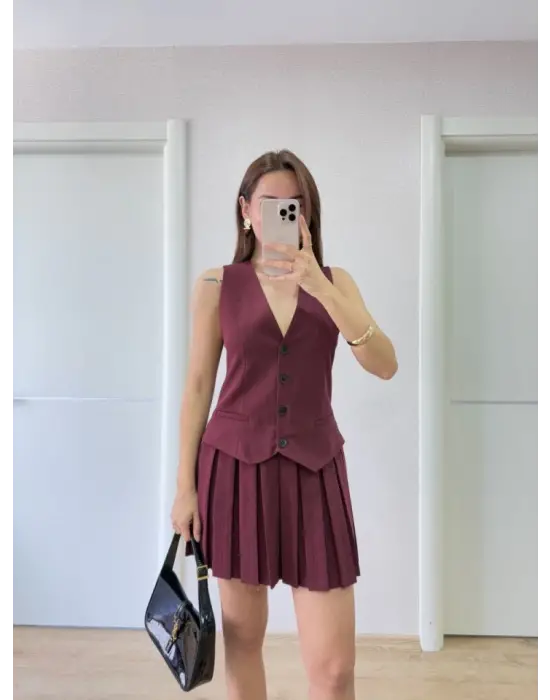 Omarı Şık Yelek Detaylı Mini Elbise - Bordo