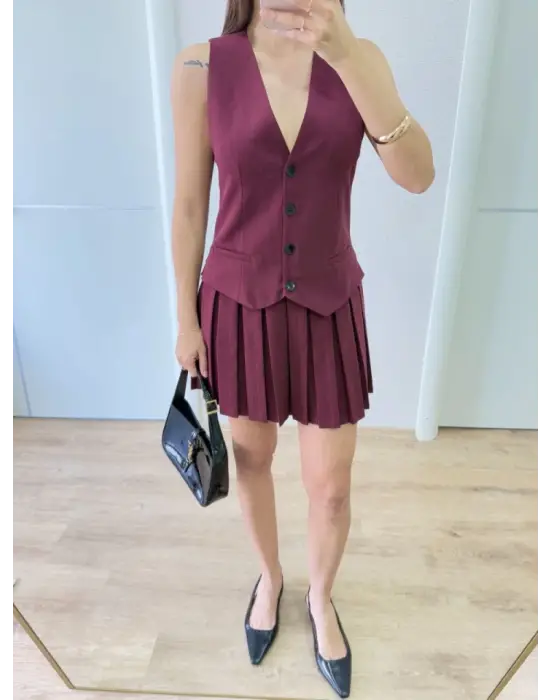 Omarı Şık Yelek Detaylı Mini Elbise - Bordo