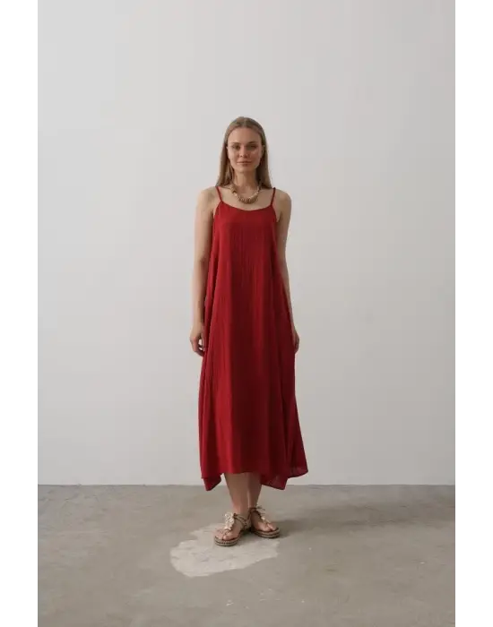 Omarı Bordo Uzun Çan Elbise Askısız ve Şık