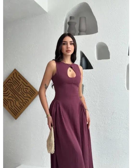 Omarı Bordo Uzun Kolsuz Elbise - Şık ve Zarif Model