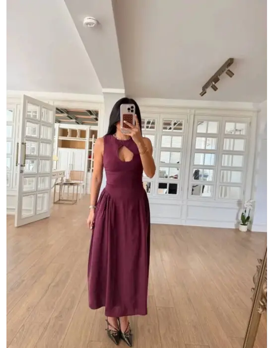 Omarı Bordo Uzun Kolsuz Elbise - Şık ve Zarif Model