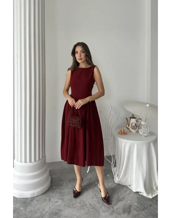 Bordo Yanları Büzgülü Midi Boy Keten Elbise