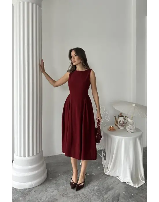 Bordo Yanları Büzgülü Midi Boy Keten Elbise