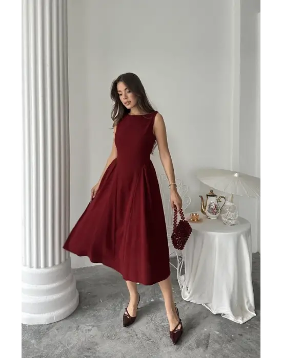 Bordo Yanları Büzgülü Midi Boy Keten Elbise