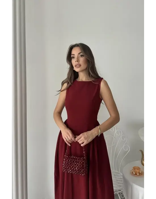 Bordo Yanları Büzgülü Midi Boy Keten Elbise